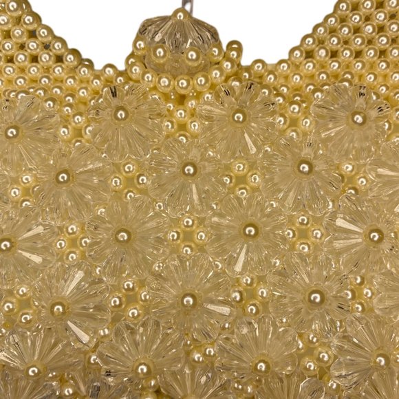 Vintage White Round and Clear Floral Beaded Double Handle Handbag Purse - Picture 7 of 9